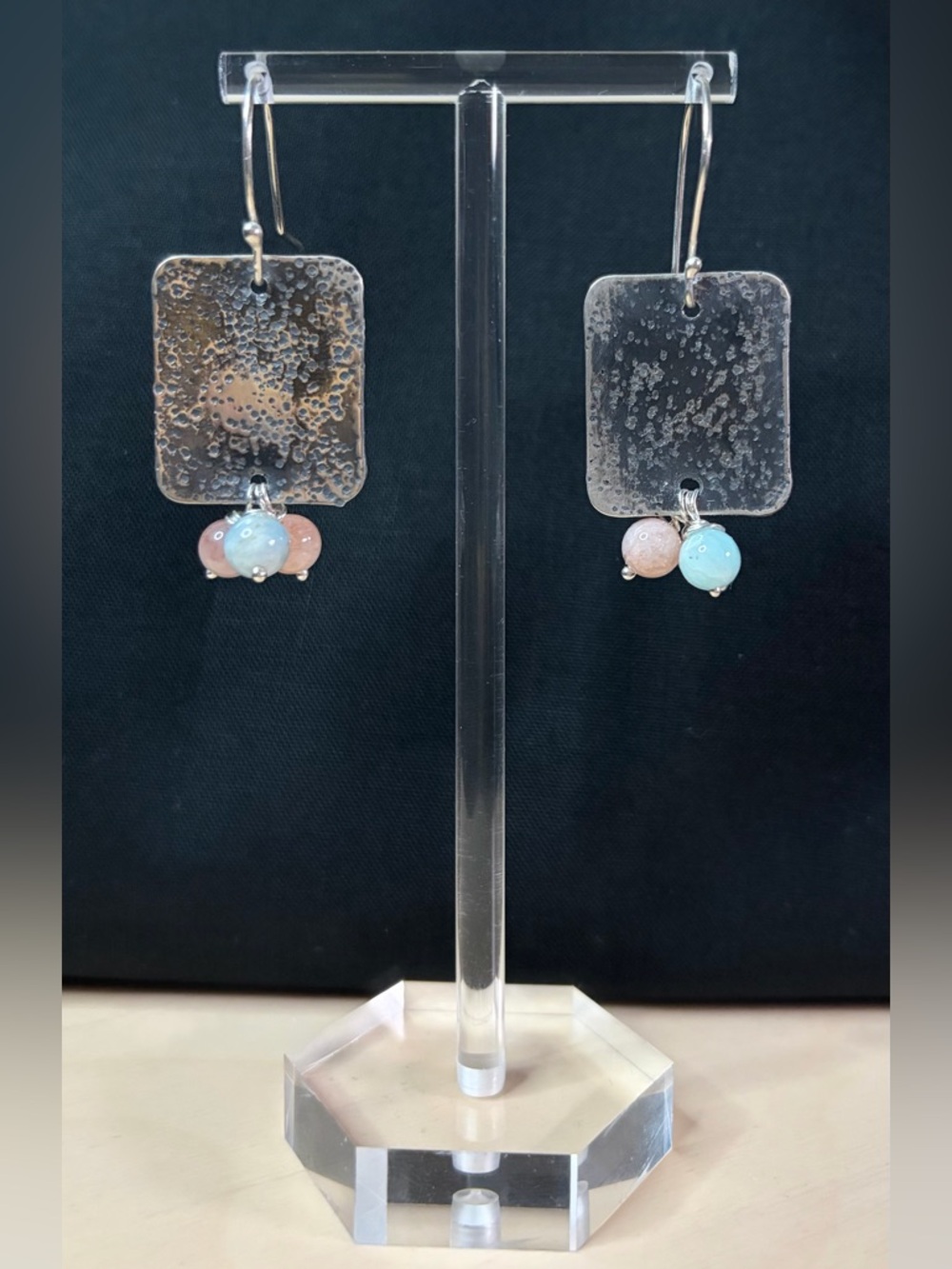 Sterling Silver Aquamarine and Rose Quartz Artisan Hand Crafted Dangle Earrings - Picture 2 of 9